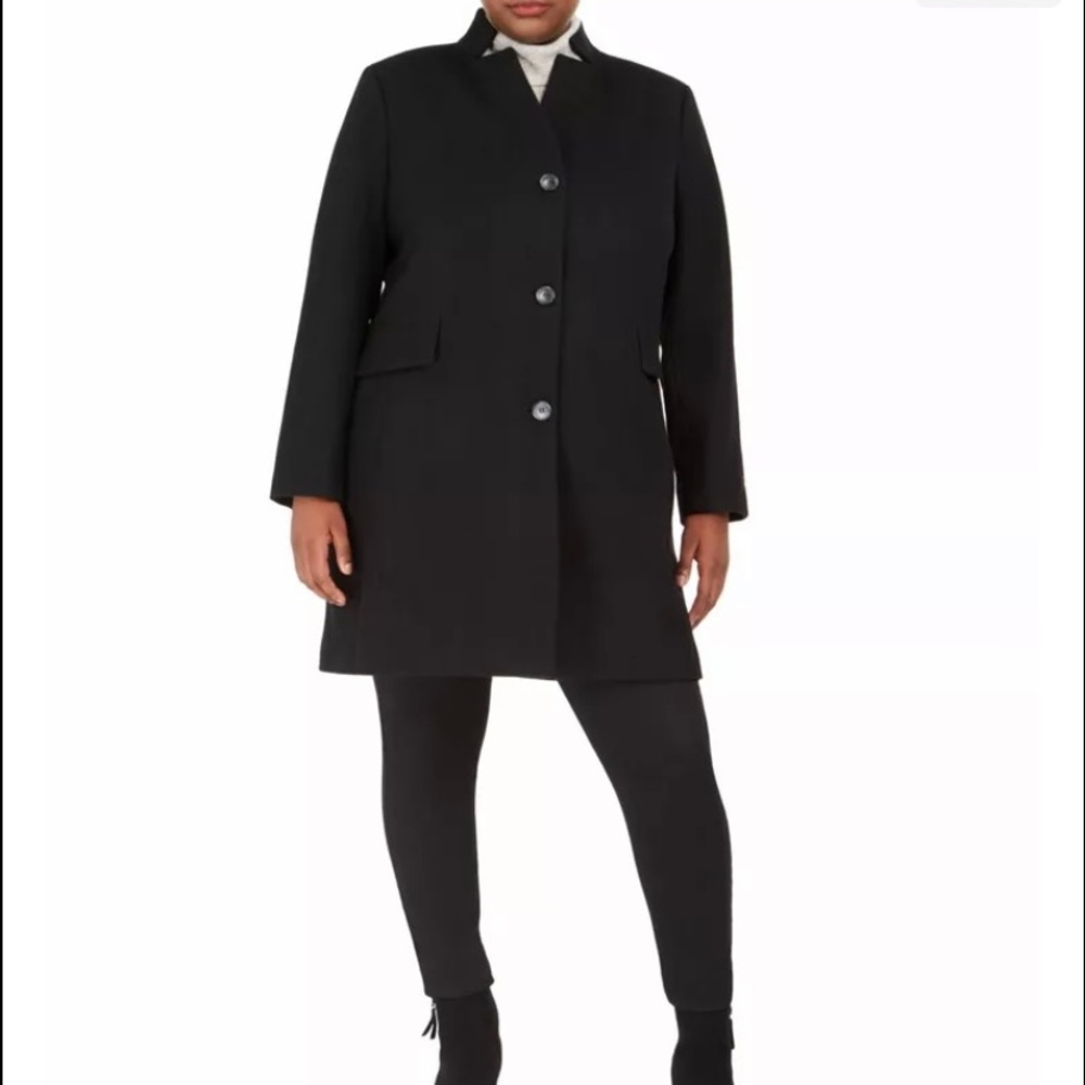 3X Plus DKNY Black Wool Blend, Button Down, Stand Collar  Winter Coat Jacket